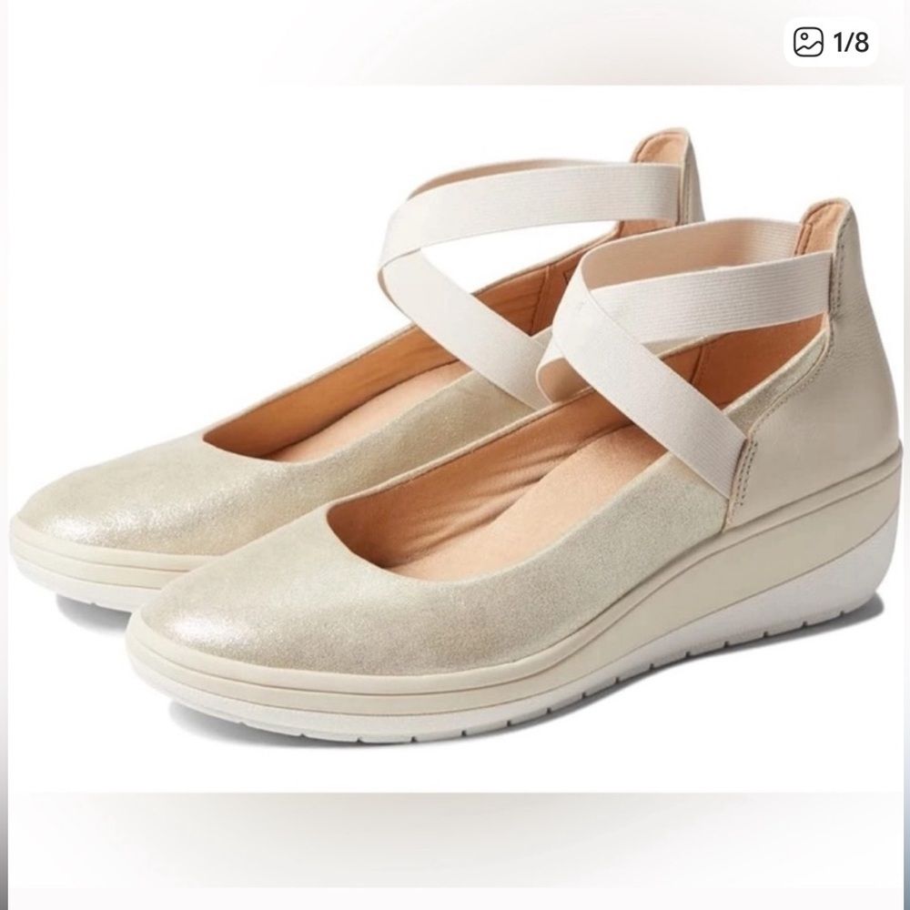 Vionic Ellery Metallic Ballet Flats Wedges Comfort Elegant Cream Women’s 6 Euc